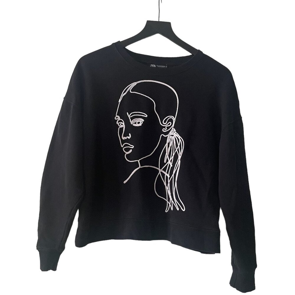 ZARA Abstract Face Art Black Crew Neck Sweater Woman Face Line Art Size M